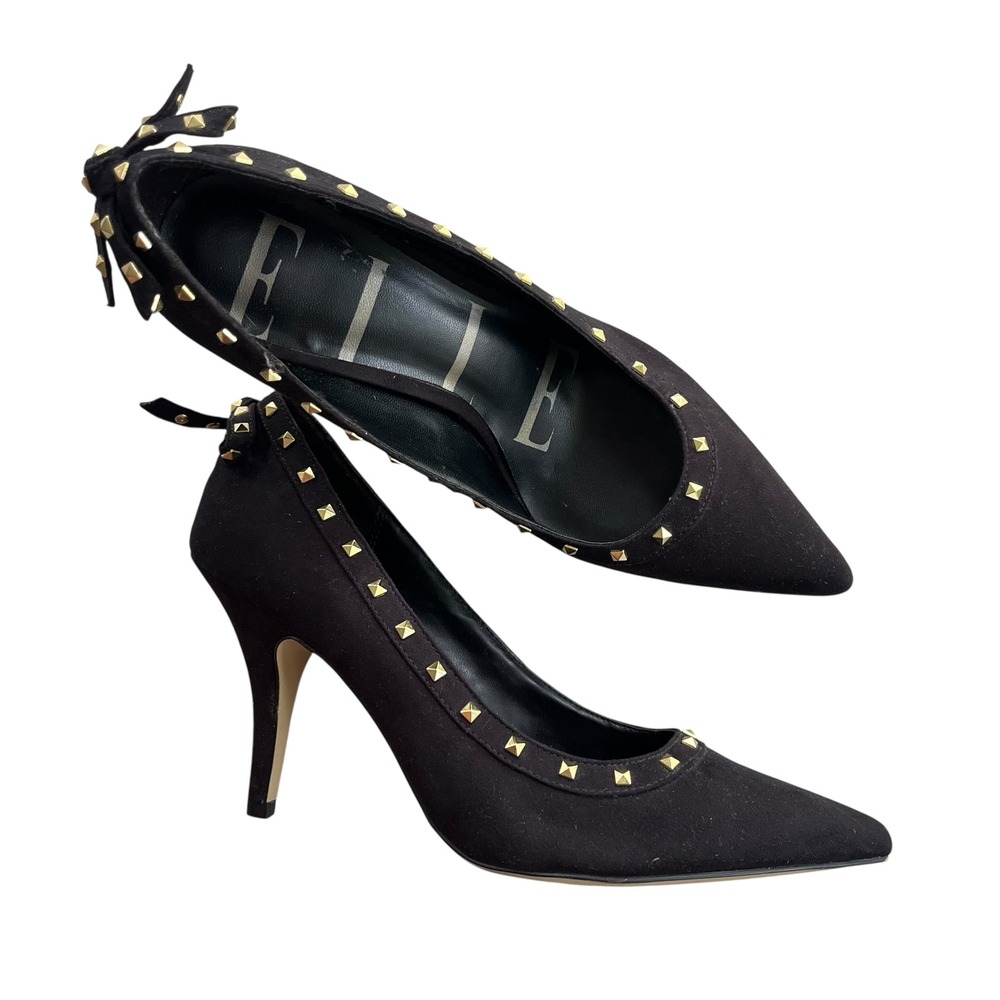 ELLE Women’s 8.5M ELKAIRIBLACK Faux Suede Studded Pointed Toe Stiletto Heels Bow